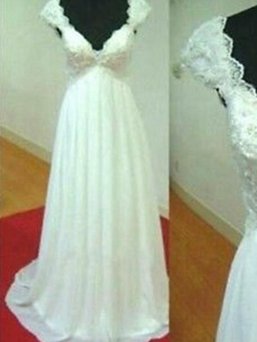 A-line V Neck Sweep Train Chiffon Wedding Dress Lace