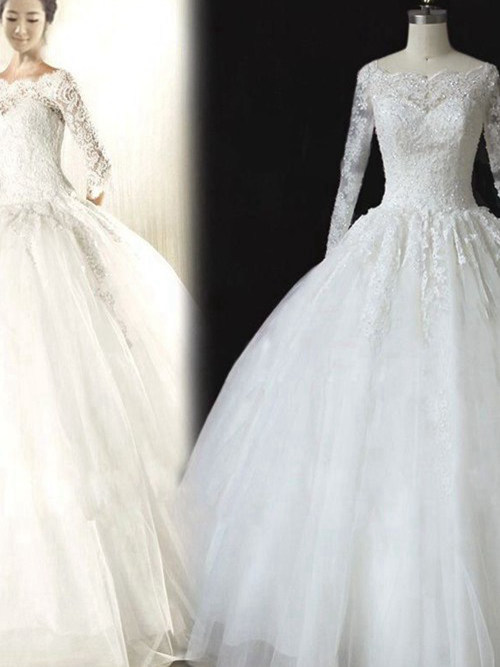 Ball Gown Bateau Floor Length Organza Lace Bridal Wear