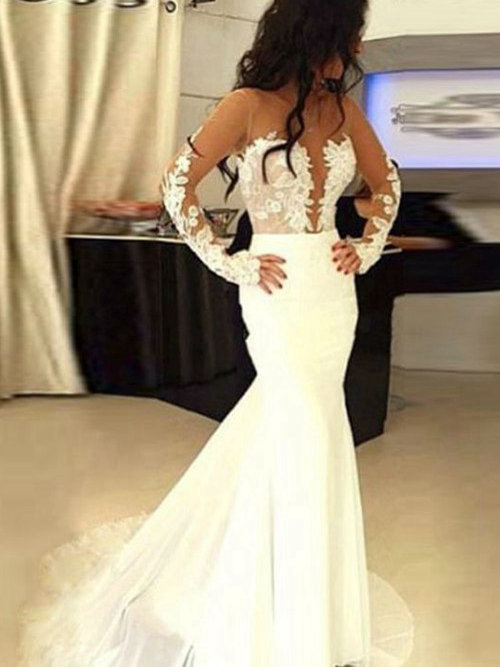 Mermaid Sheer Sweep Train Chiffon Bridal Dress Applique