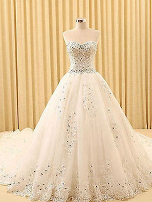 A-line Sweetheart Court Train Lace Wedding Dress Beading