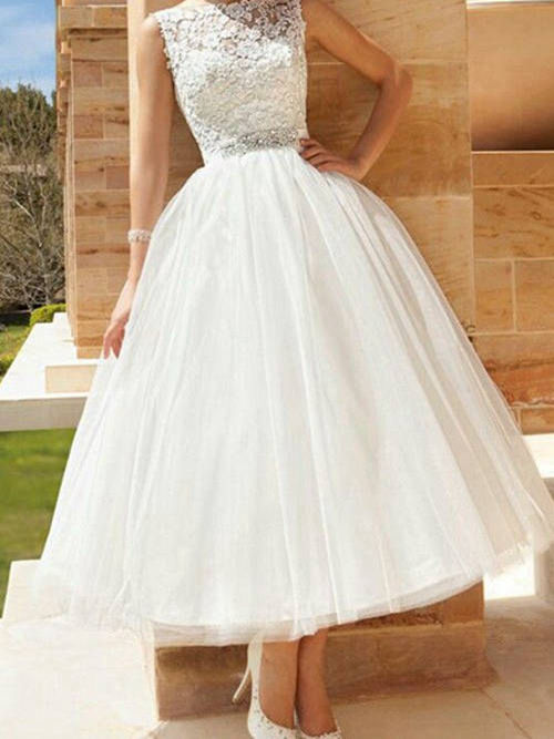 Princess Bateau Ankle Length Organza Lace Wedding Dress