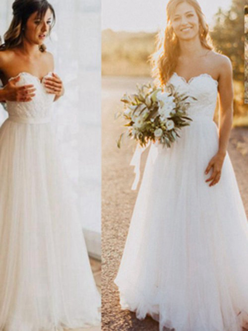 A-line Sweetheart Floor Length Tulle Wedding Dress Applique