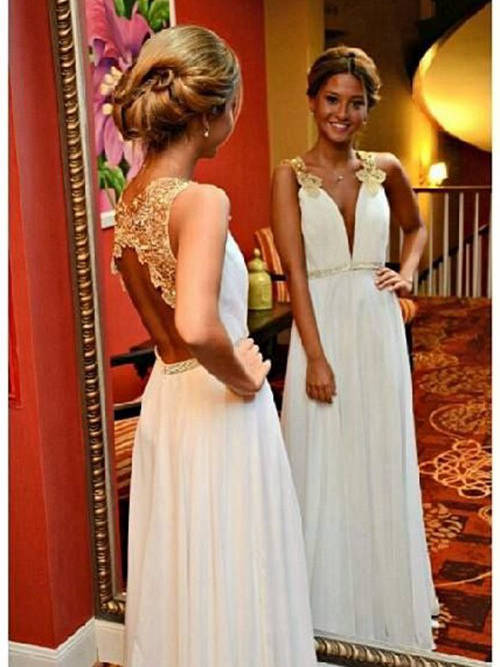 A-line V Neck Floor Length Chiffon Bridal Dress Sequins