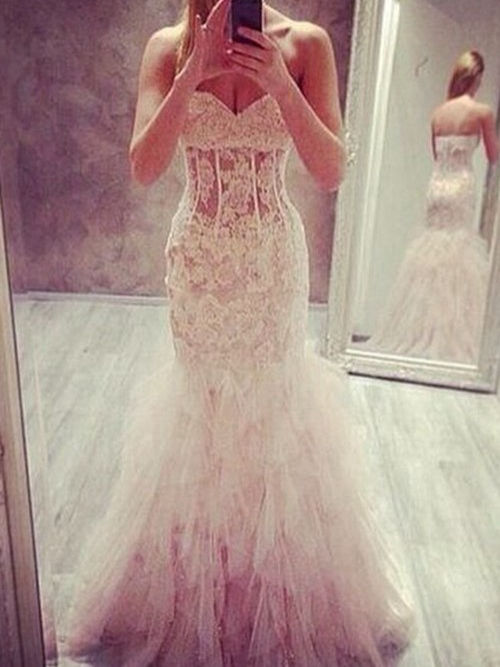 Mermaid Sweetheart Brush Train Tulle Lace Wedding Dress
