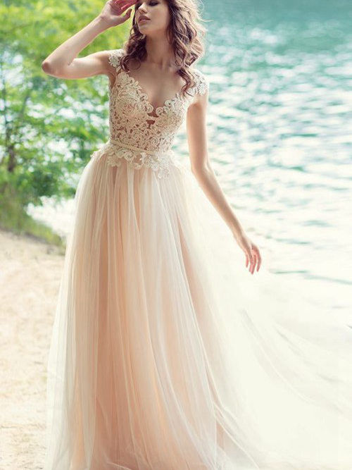 A-line V Neck Sweep Train Tulle Wedding Gown Lace