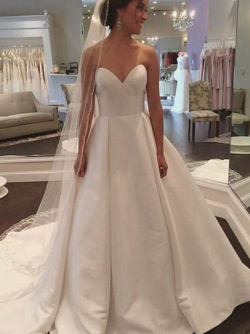 A-line Sweetheart Court Train Satin Wedding Gown