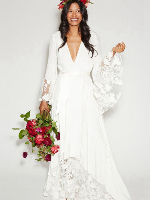 A-line V Neck Floor Length Chiffon Wedding Gown Long Sleeves
