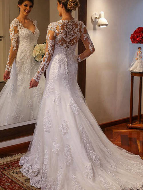 A-line V Neck Court Train Lace Wedding Gown Long Sleeves