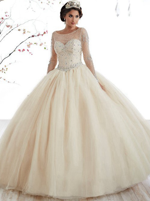 Ball Gown Sheer Floor Length Organza Bridal Wear Beading