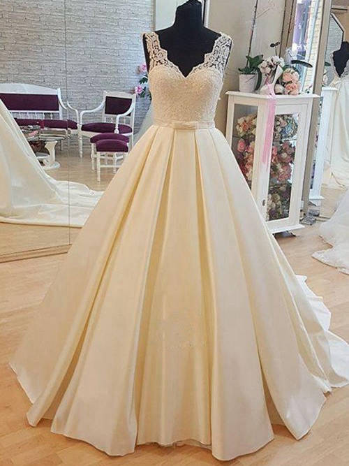 A-line V Neck Court Train Satin Lace Bridal Dress