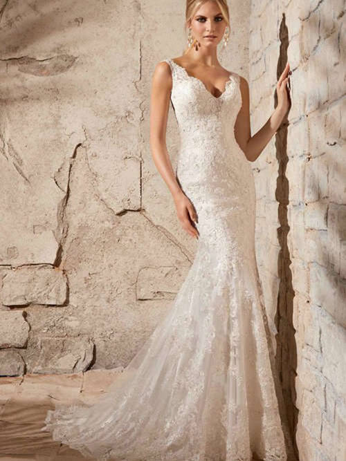 Mermaid V Neck Sweep Train Lace Wedding Gown