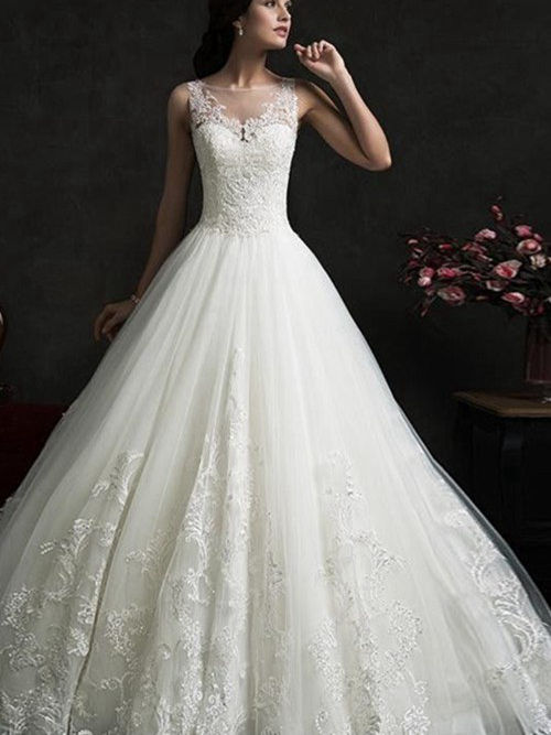 A-line Sheer Court Train Organza Lace Wedding Dress