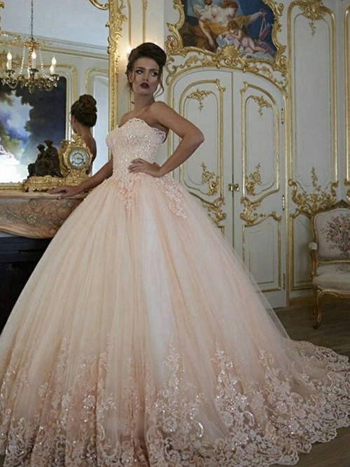 Princess Strapless Court Train Lace Organza Wedding Gown