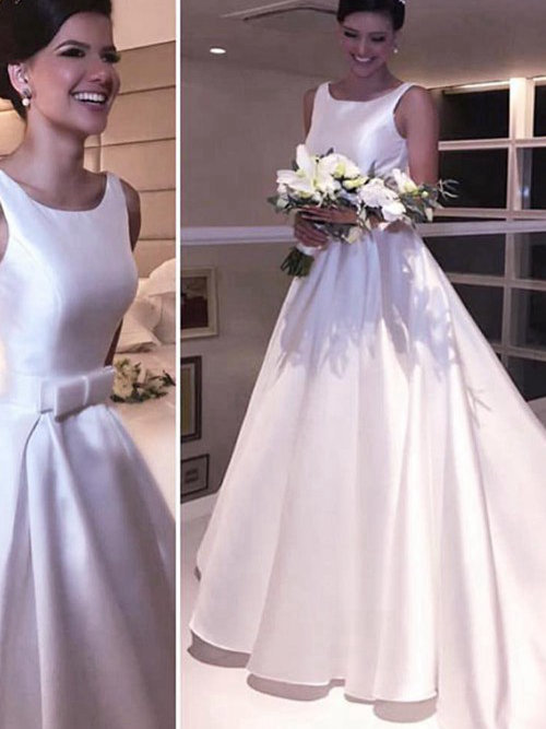 A-line Bateau Court Train Satin Wedding Gown