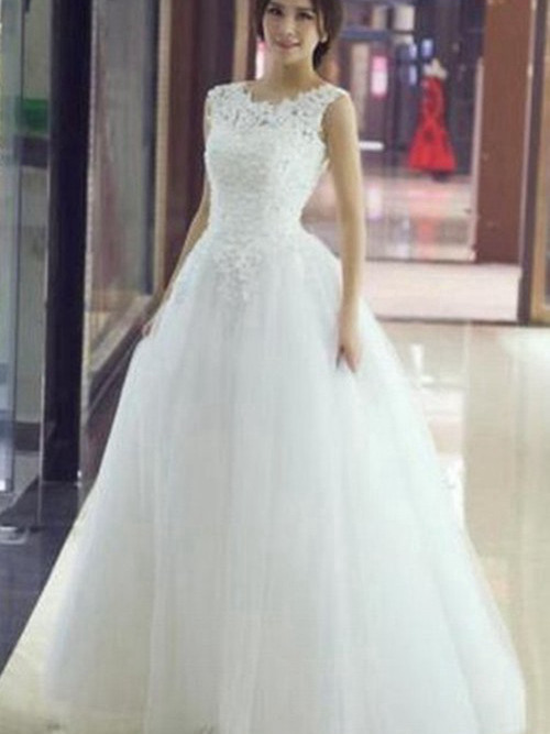A-line Scoop Floor Length Tulle Bridal Dress Lace