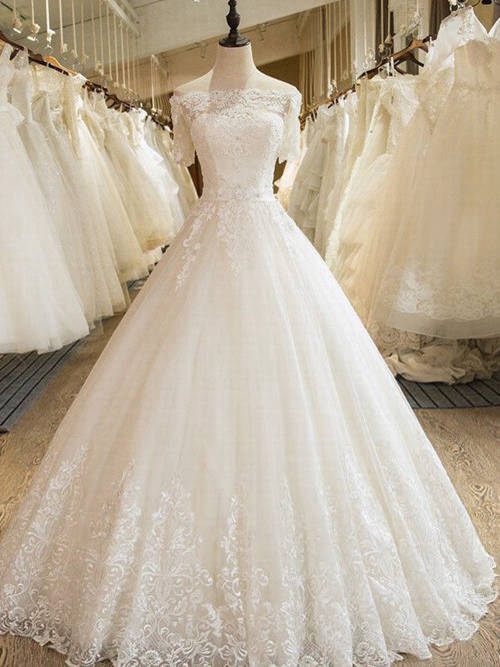 A-line Off Shoulder Floor Length Organza Bridal Wear Lace