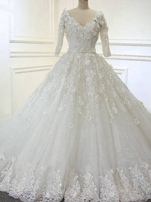 Princess V Neck Court Train Lace Wedding Dress Applique