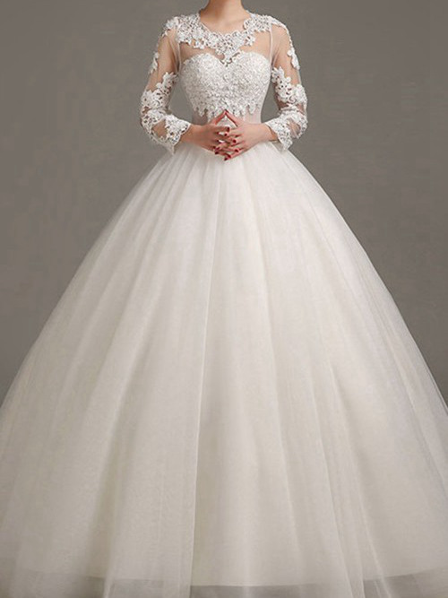 Ball Gown Sheer Floor Length Organza Lace Wedding Wear