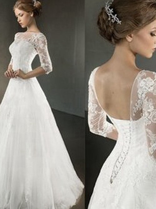 A-line Sheer Floor Length Lace Wedding Dress 1/2 Sleeves