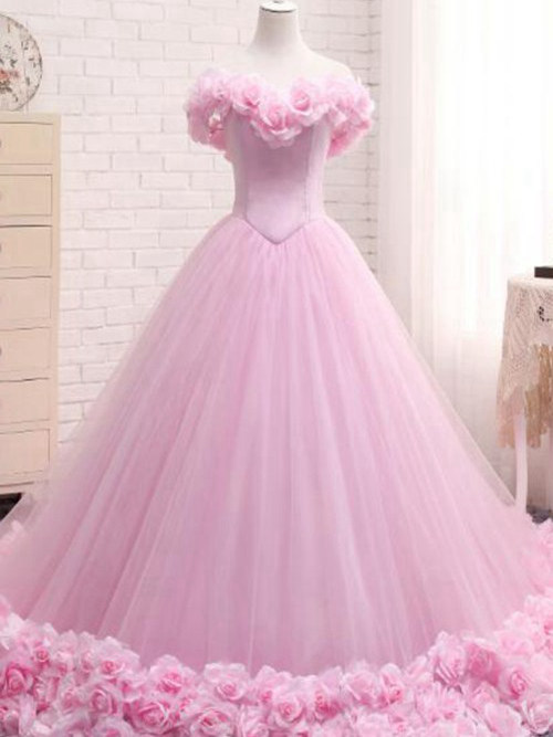 Princess Off Shoulder Sweep Train Tulle Wedding Dress Flowers