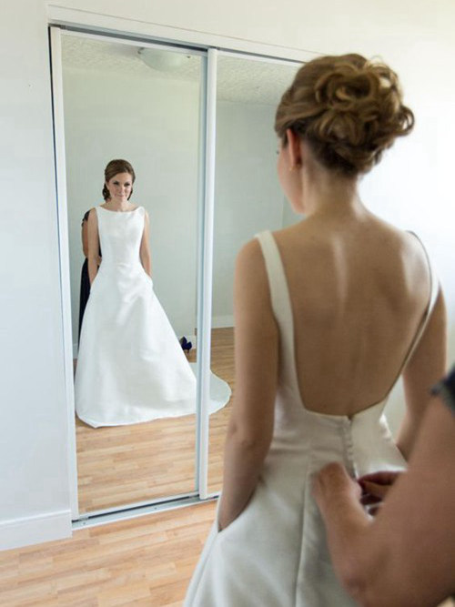 A-line Scoop Brush Train Satin Wedding Dress