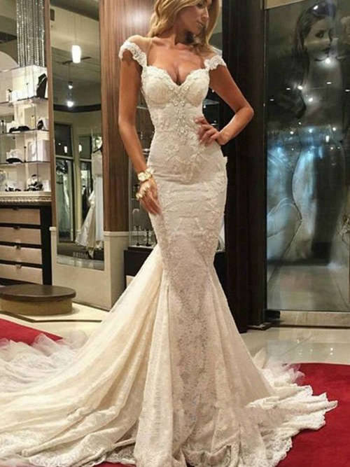 Mermaid Straps Court Train Lace Wedding Gown