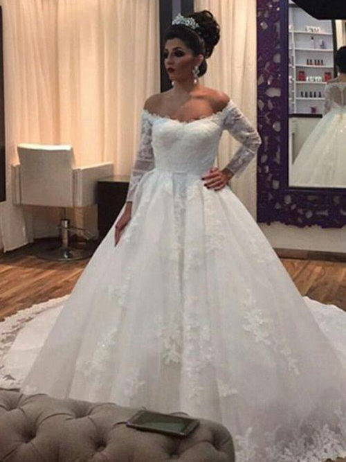 Princess Off Shoulder Court Train Lace Wedding Dress