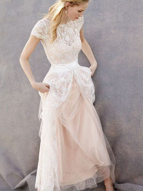 A-line Bateau Ankle Length Lace Bridal Dress