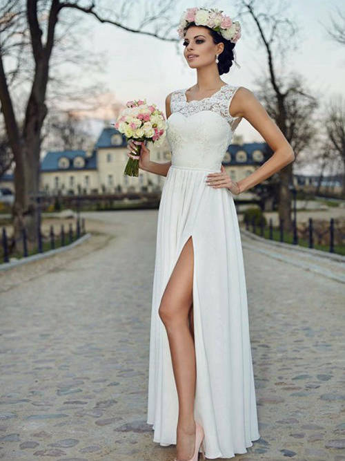 A-line Scoop Floor Length Chiffon Wedding Dress Lace