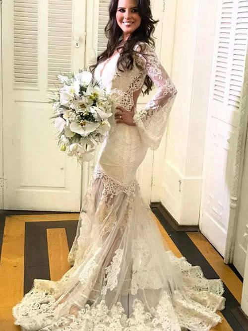 Mermaid Straps Brush Train Lace Wedding Gown Long Sleeves