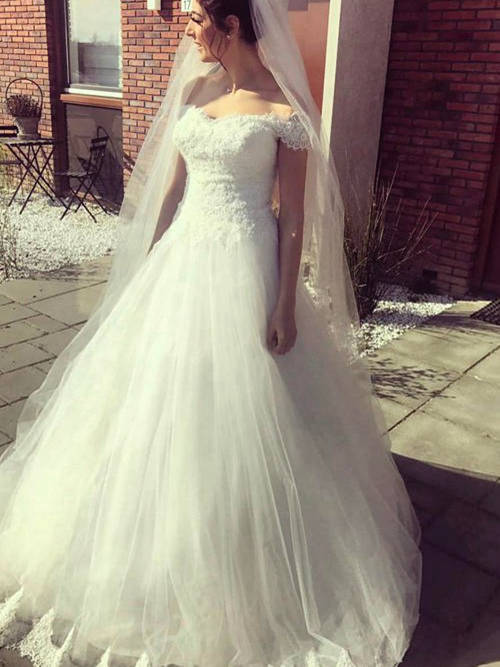 A-line Off Shoulder Sweep Train Organza Wedding Dress Lace