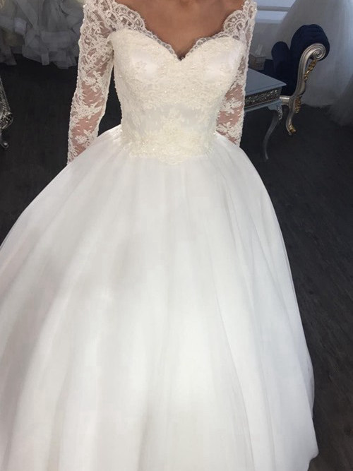 Princess V Neck Sweep Train Lace Organza Wedding Dress