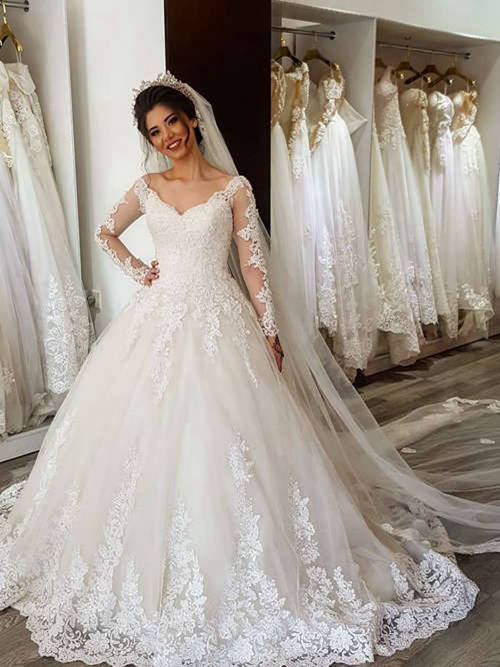 A-line V Neck Court Train Lace Bridal Wear Long Sleeves