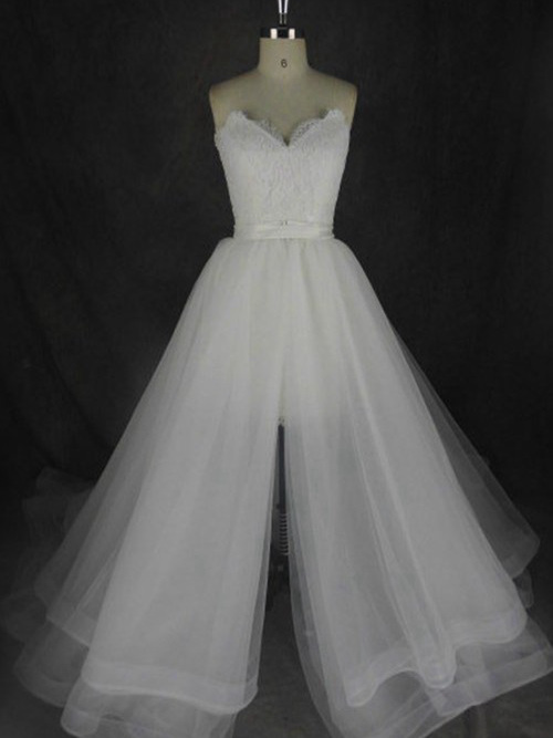 A-line Sweetheart Sweep Train Lace Organza Bridal Dress
