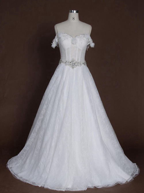 A-line Off Shoulder Sweep Train Lace Bridal Gown