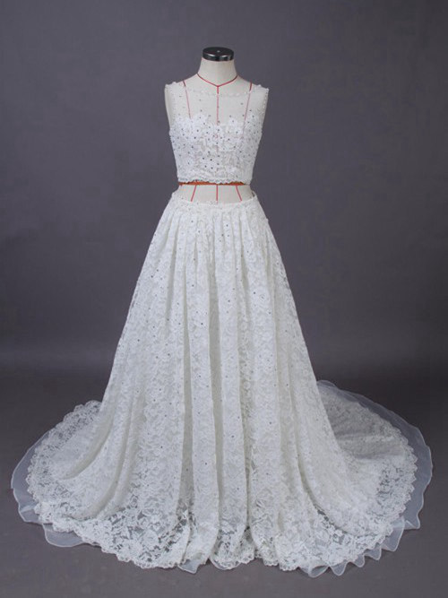 A-line Sheer Court Train Lace Wedding Gown Beading