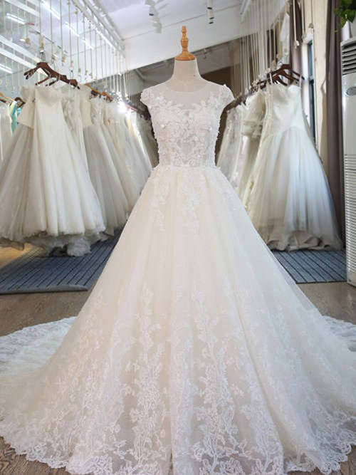A-line Sheer Court Train Lace Wedding Gown
