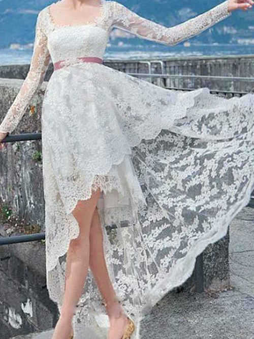 A-line Square Long Sleeves Lace High Low Bridal Dress