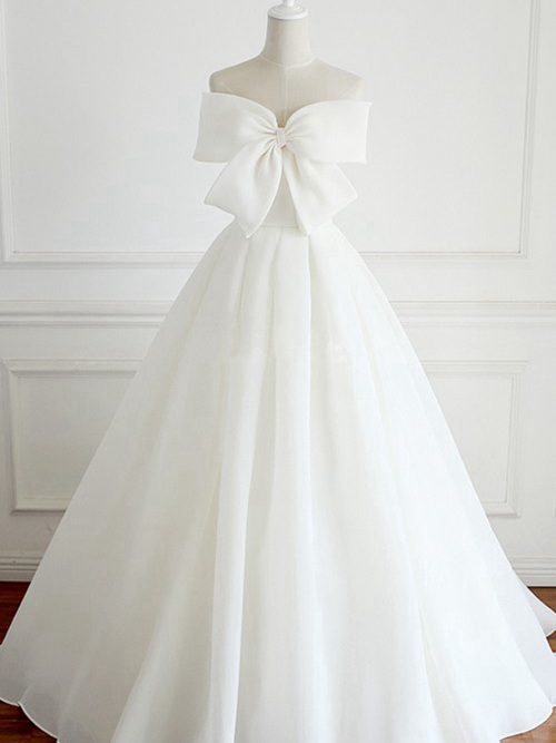 A-line Strapless Brush Train Chiffon Wedding Dress Bowknot