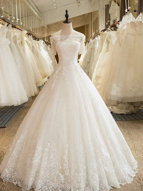 A-line Off Shoudler Brush Train Lace Organza Bridal Gown