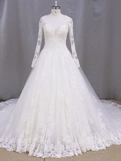 A-line V Neck Court Train Long Sleeves Lace Wedding Dress