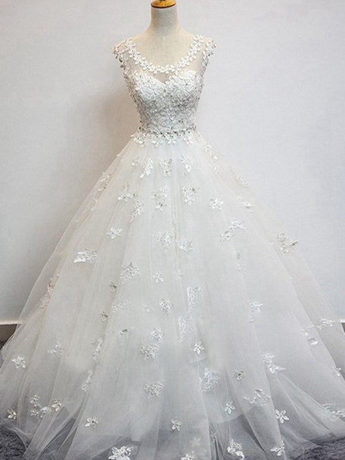 Princess Scoop Sweep Train Tulle Wedding Dress Applique