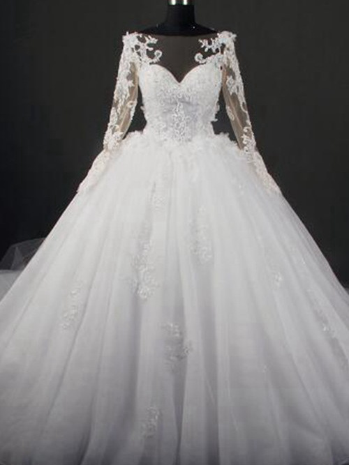 A-line Sheer Court Train Lace Organza Bridal Dress