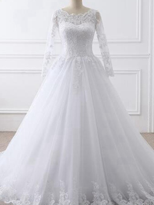 A-line Scoop Sweep Train Lace Long Sleeves Bridal Gown