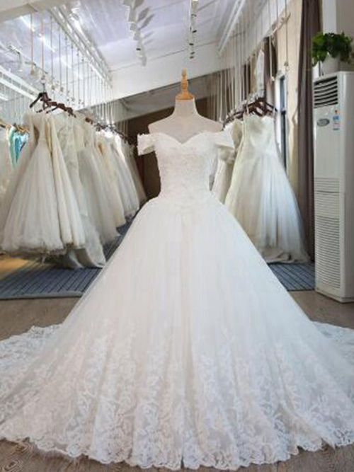 A-line Off Shoulder Court Train Lace Wedding Gown