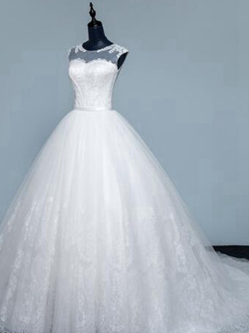 A-line Sheer Court Train Lace Bridal Gown