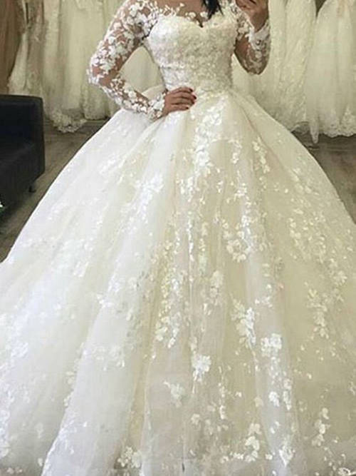 Ball Gown Sheer Court Train Lace Wedding Wear Long Sleeves