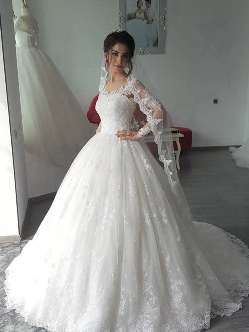A-line Scoop Brush Train Long Sleeves Lace Wedding Dress
