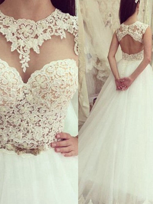 A-line Sweetheart Brush Train Organza Lace Wedding Dress