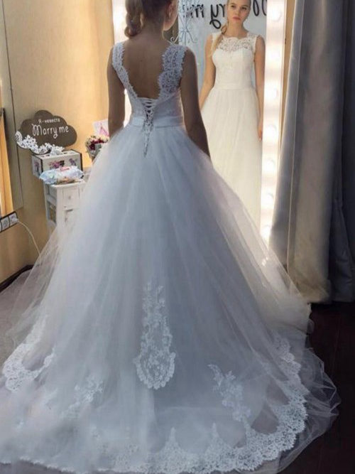 Princess Jewel Sweep Train Organza Bridal Gown Lace